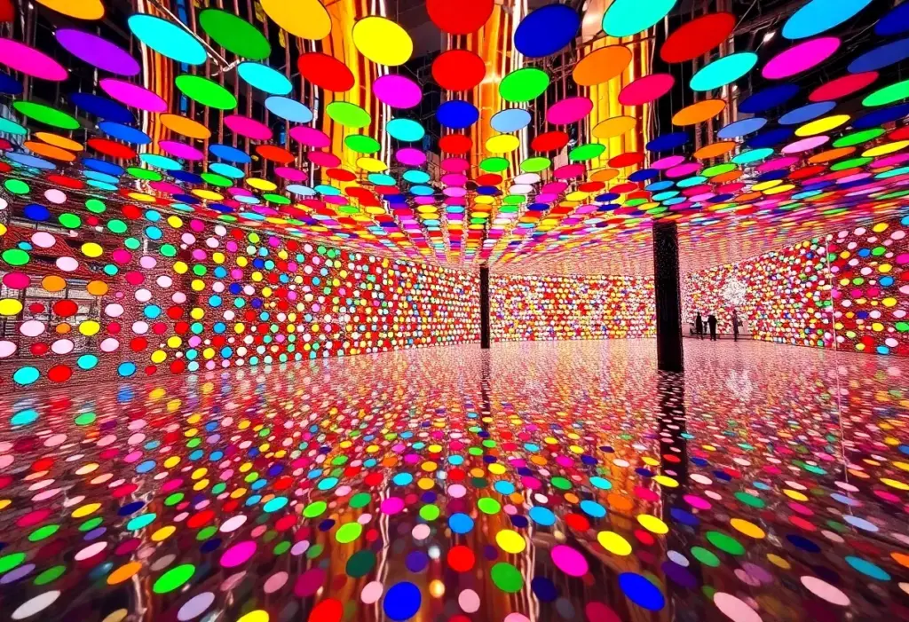 An immersive art installation with polka dots and mirrors.