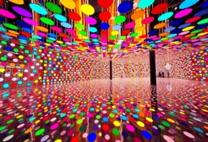 An immersive art installation with polka dots and mirrors.