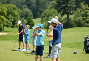 Juniors at a golf clinic practicing swings under the guidance of a coach